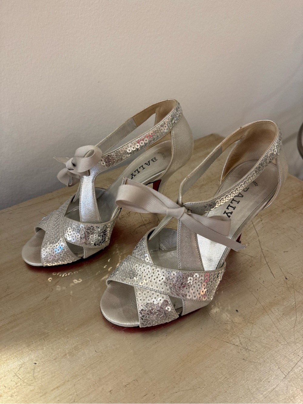 Bally Vintage Silver Sequin Bow Peep-Toe Heels